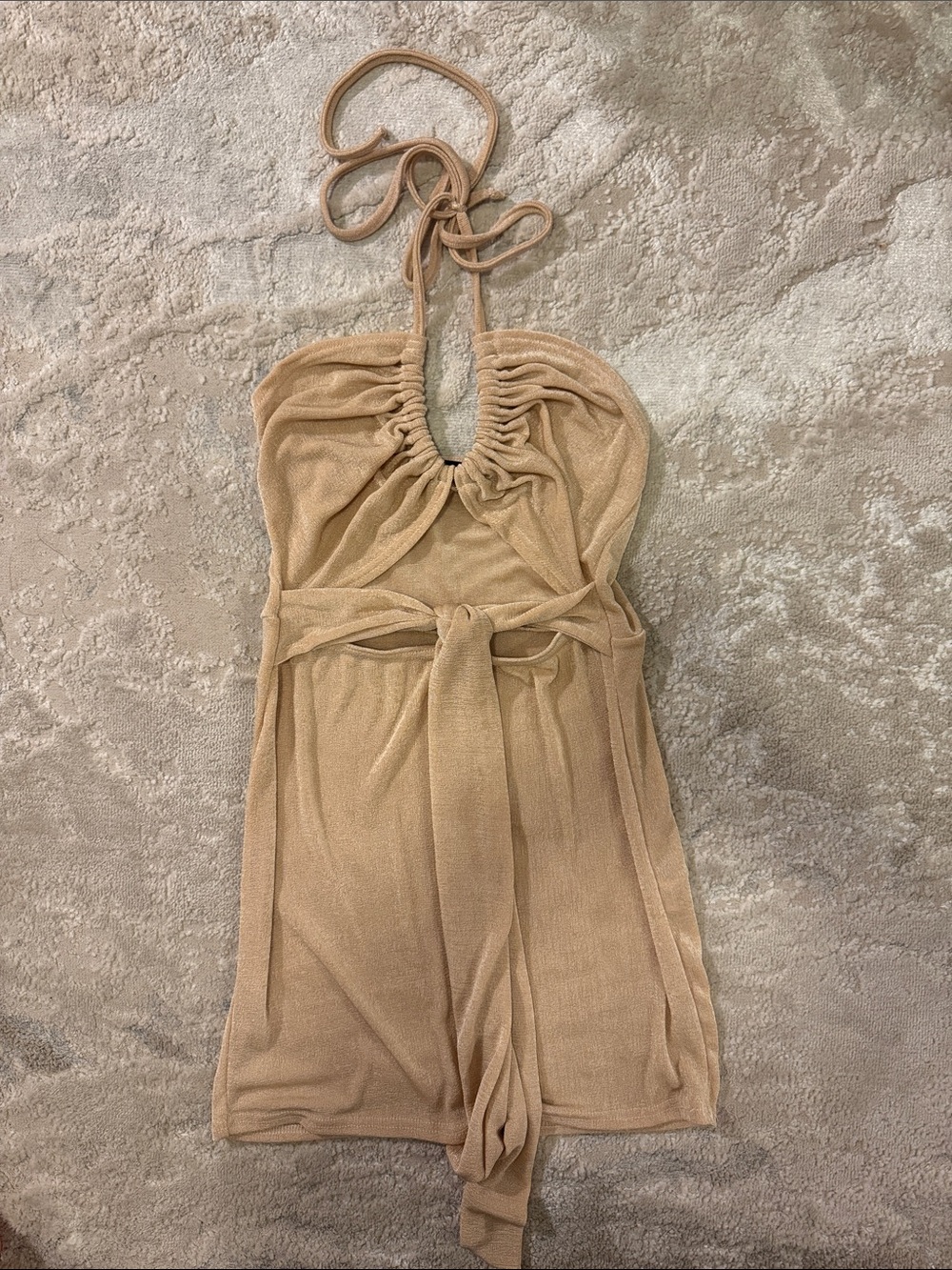 PrettyLittleThing Beige Halter Tie-Waist Mini Dress